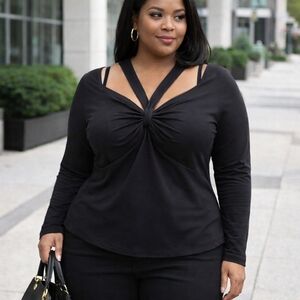 Love & Legend NWT Black Stretchy Knot Front Crisscross V-Neck Long Sleeve Plus S